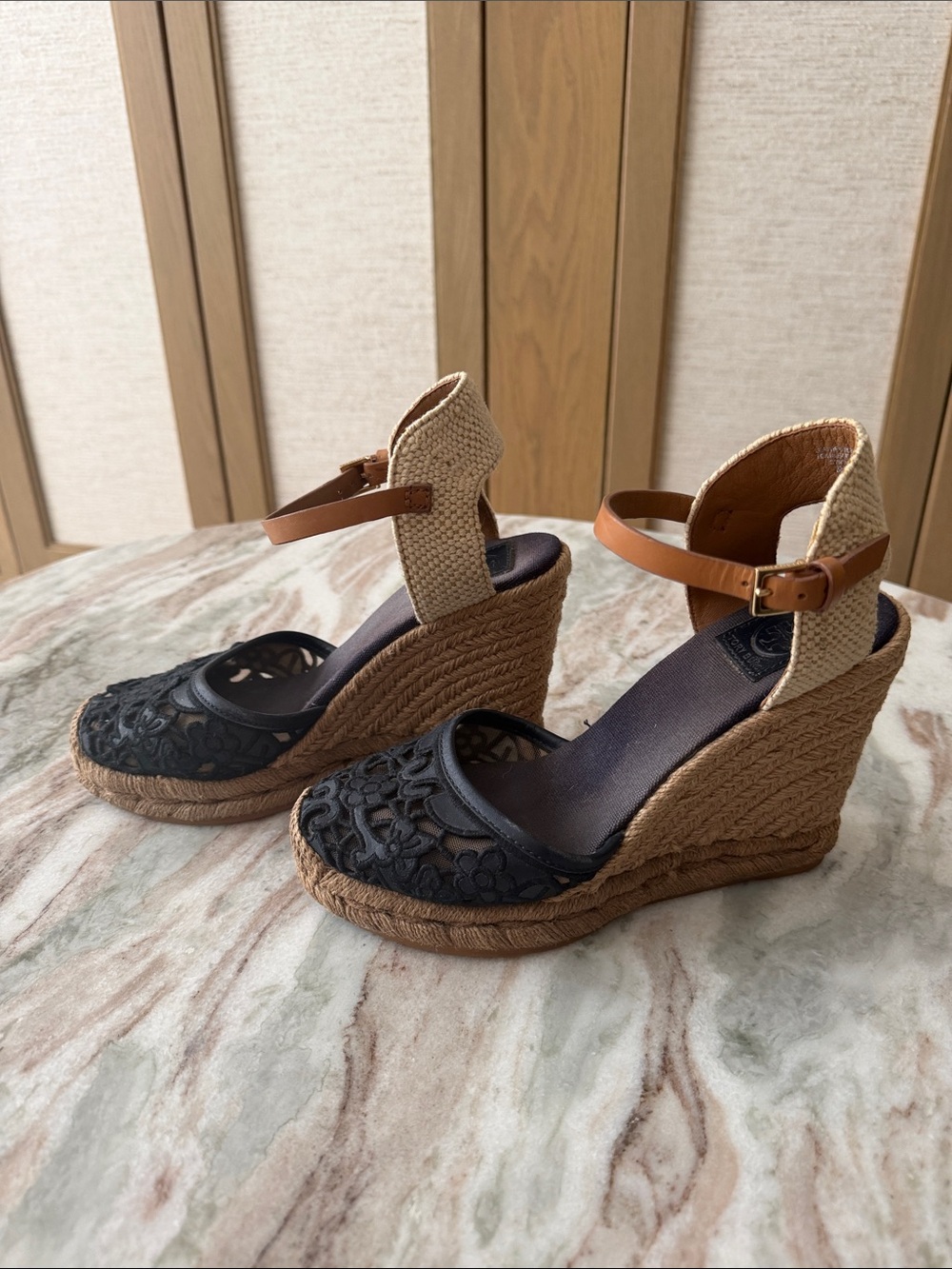 Women’s Wedge Sandals with Navy Lace Upper and Tan Espadrille Heel
